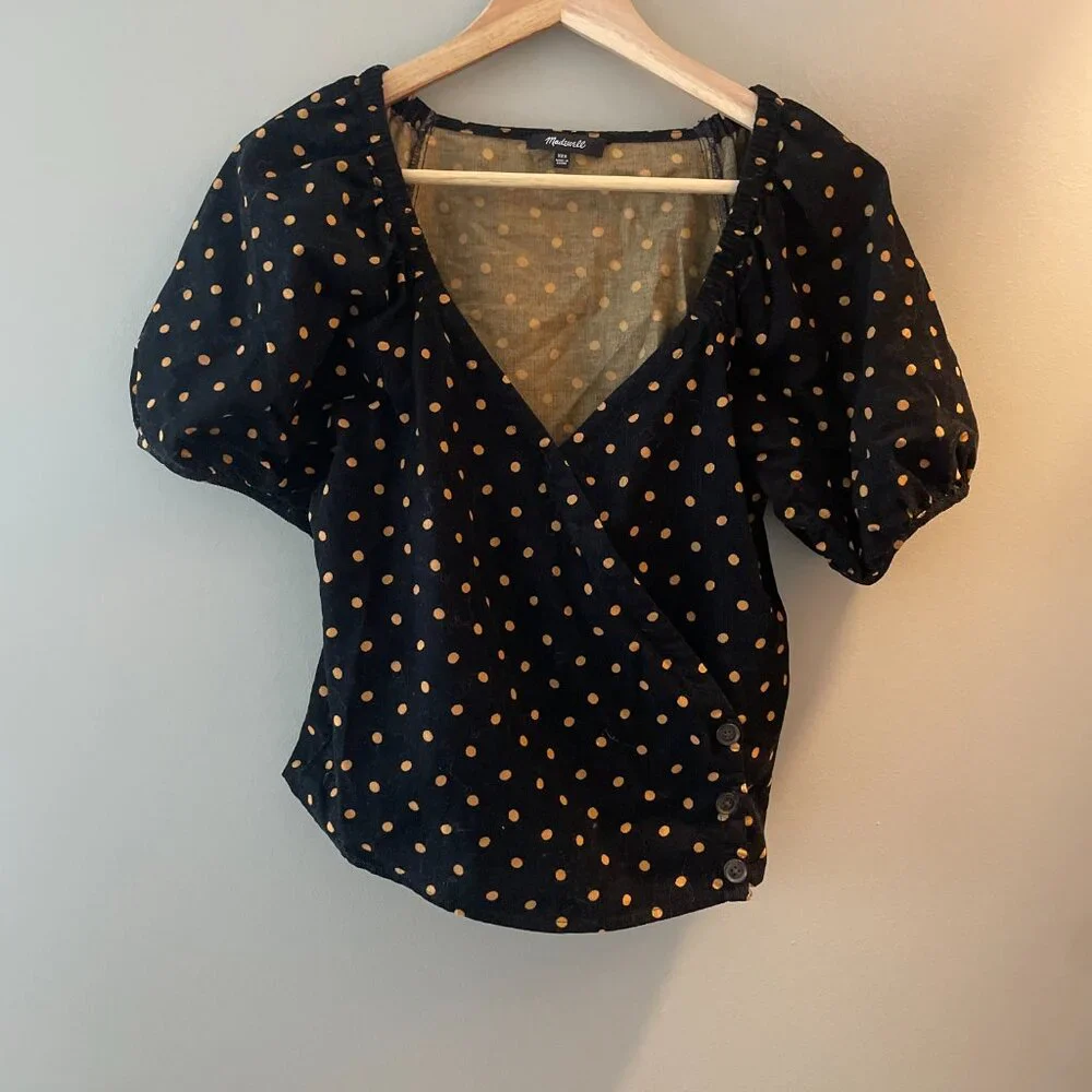NWOT Madewell Corduroy Wrap Puff Sleeve Blouse Top Black Yellow Dot Size XXS